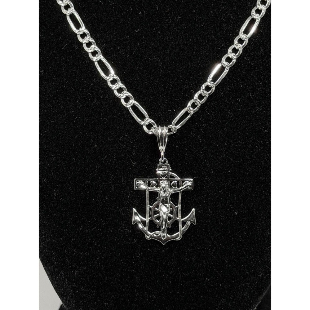 Sterling Silver 925 Mariner Anchor Crucifix Pendant 4.2mm Figaro Chain 22 Inch